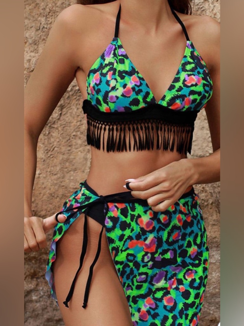 Fringe Triangle Bikini Top and Tie Sarong in Neon Leopard